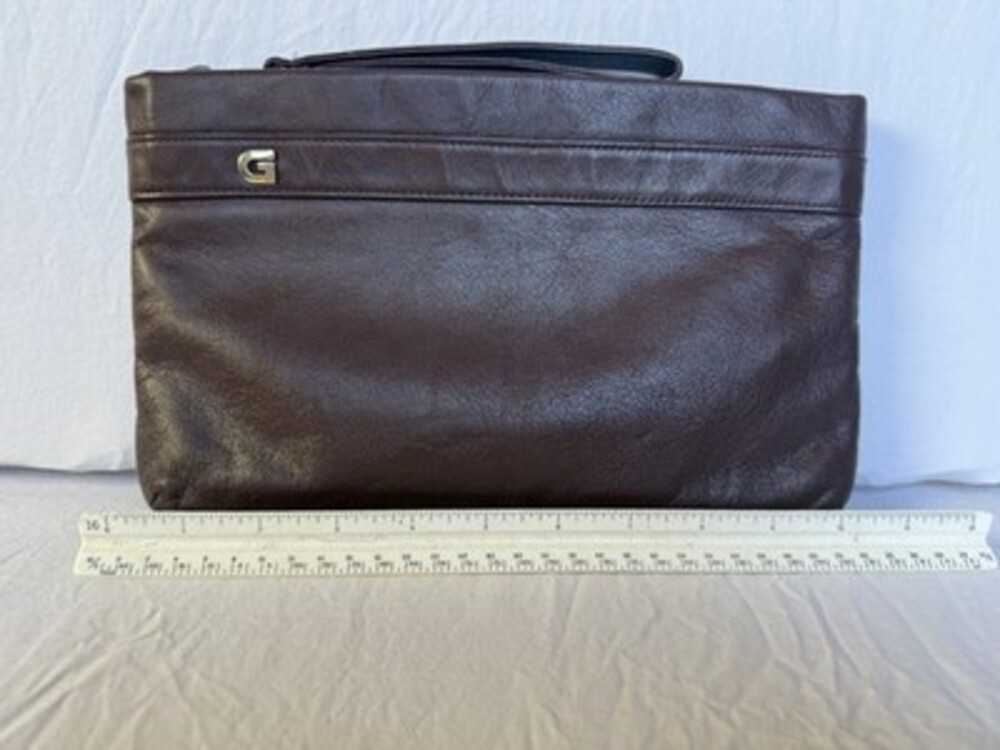 Vintage GANSON Leather Clutch Bag Gold G Logo Minimalist 70s 80s Brown